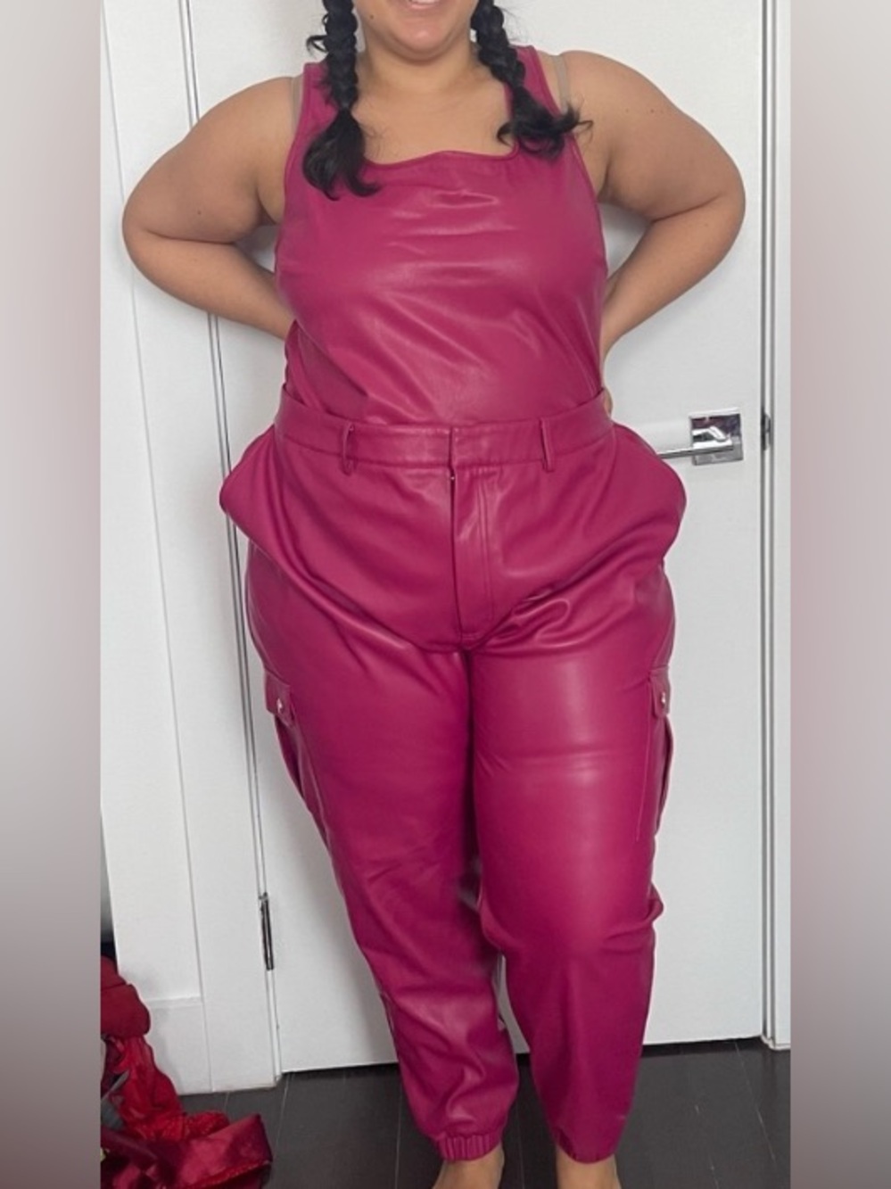 Fuchsia Faux-Leather Cargo Jumpsuit - Women